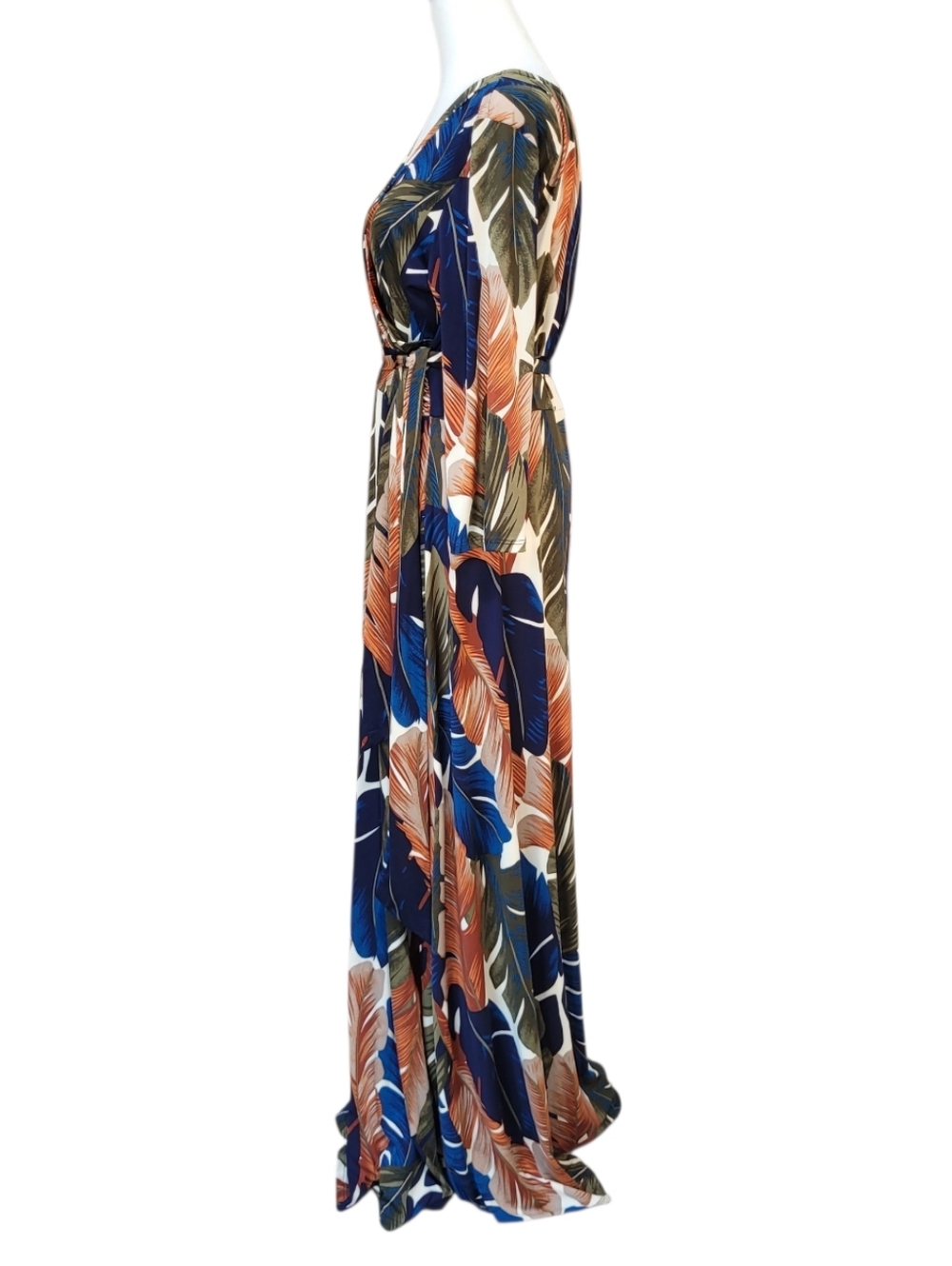 Janette Tropical Leaf Print V-Neck Maxi Dress Blue Brown Flowy Summer Sz XL - Picture 3 of 9